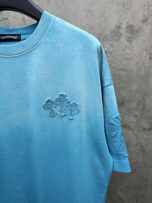 クロムハーツ アメリカンスタイルのウォッシュアップリケ刺繍ラインストーンカップル半袖Tシャツ