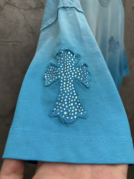 クロムハーツ アメリカンスタイルのウォッシュアップリケ刺繍ラインストーンカップル半袖Tシャツ