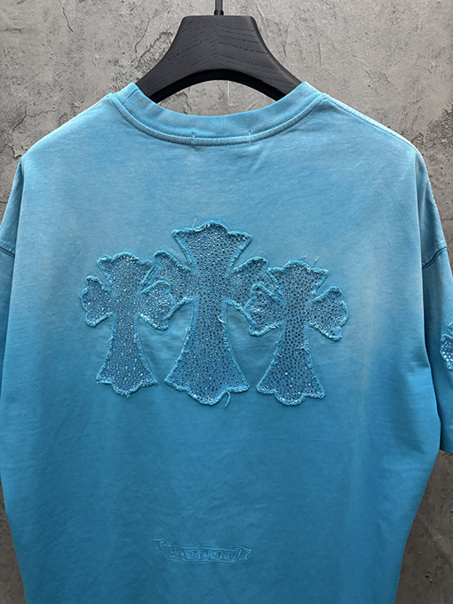 クロムハーツ アメリカンスタイルのウォッシュアップリケ刺繍ラインストーンカップル半袖Tシャツ