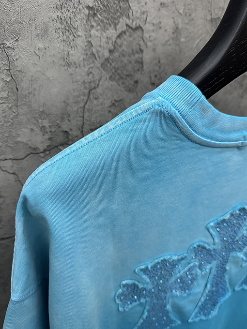 クロムハーツ アメリカンスタイルのウォッシュアップリケ刺繍ラインストーンカップル半袖Tシャツ