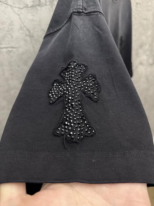 クロムハーツ アメリカンスタイルのウォッシュアップリケ刺繍ラインストーンカップル半袖Tシャツ