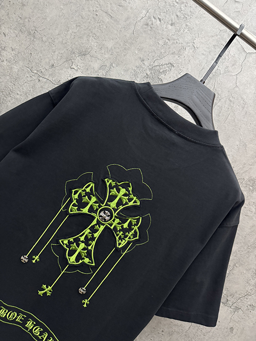 クロムハーツ アメリカンスタイルのレーザーバーンアウトアップリケ刺繍半袖Tシャツ