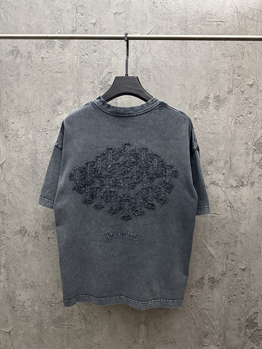 クロムハーツ アメリカンスタイルのウォッシュドデニムパッチ刺繍カップル半袖Tシャツ