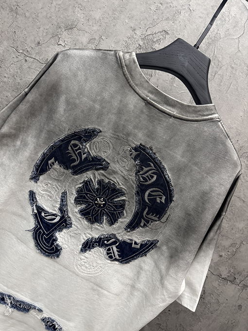 クロムハーツ 新モデルアメリカンスタイルのウォッシュドデニムパッチ刺繍カップル半袖Tシャツ