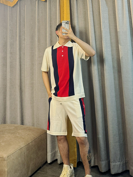 グッチ シルケットコットンニットの襟付き半袖ポロシャツ