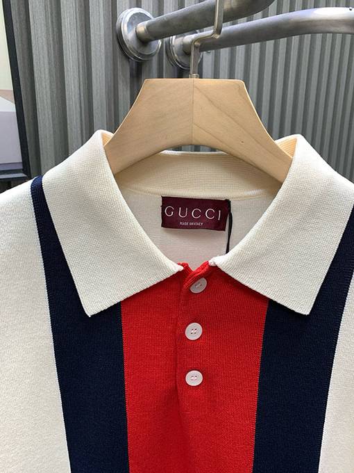 グッチ シルケットコットンニットの襟付き半袖ポロシャツ
