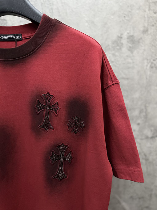 クロムハーツ 新作アメリカンスタイルのウォッシュアップリケラインストーン半袖Tシャツ