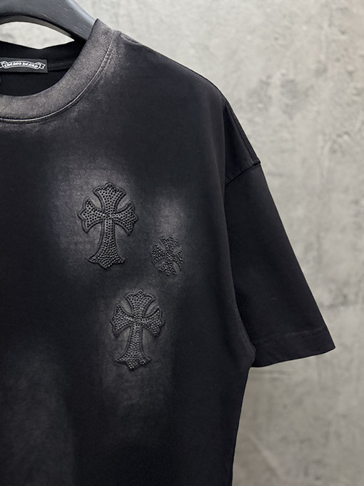 クロムハーツ 新作アメリカンスタイルのウォッシュアップリケラインストーン半袖Tシャツ