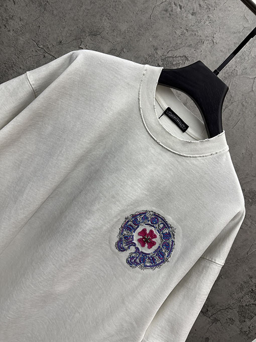 クロムハーツコピー アメリカンスタイルのウォッシュカラーブロックアップリケ刺繍半袖Tシャツ