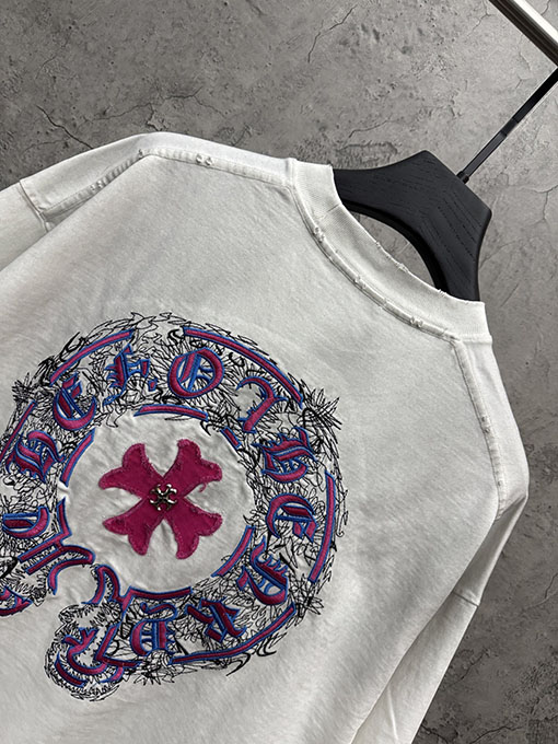 クロムハーツコピー アメリカンスタイルのウォッシュカラーブロックアップリケ刺繍半袖Tシャツ