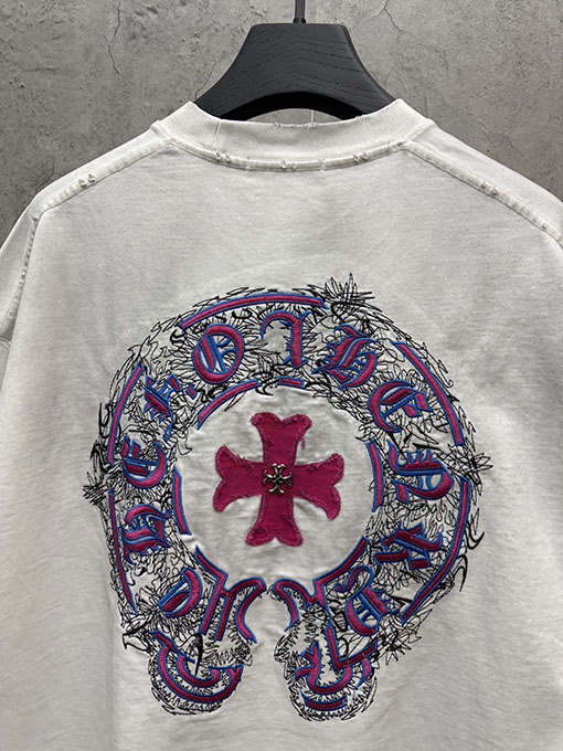 クロムハーツコピー アメリカンスタイルのウォッシュカラーブロックアップリケ刺繍半袖Tシャツ