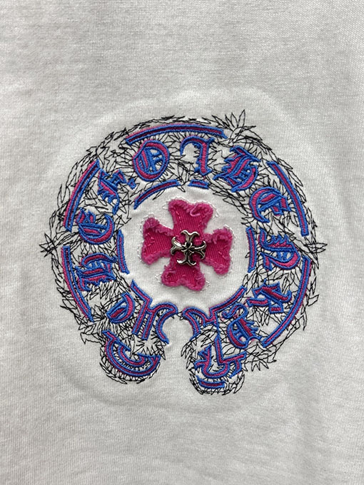 クロムハーツコピー アメリカンスタイルのウォッシュカラーブロックアップリケ刺繍半袖Tシャツ