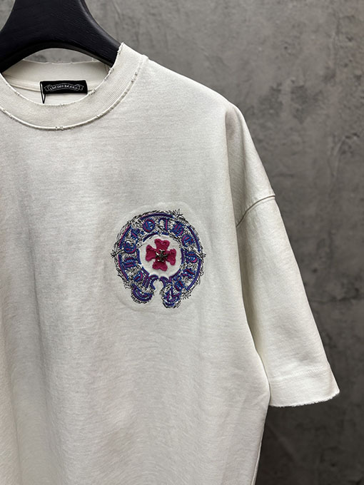 クロムハーツコピー アメリカンスタイルのウォッシュカラーブロックアップリケ刺繍半袖Tシャツ