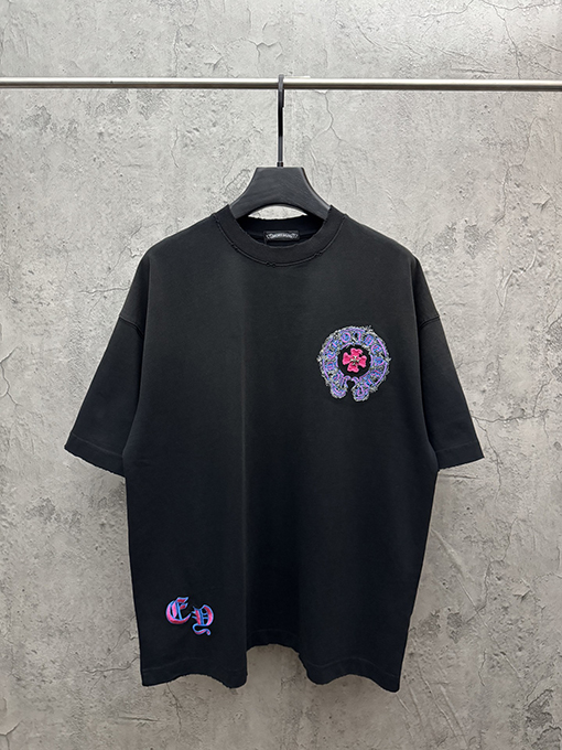 クロムハーツコピー アメリカンスタイルのウォッシュカラーブロックアップリケ刺繍半袖Tシャツ