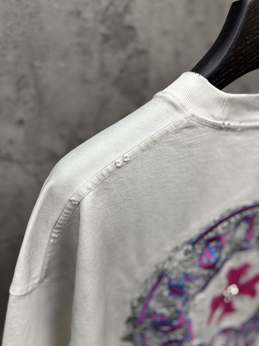 クロムハーツコピー アメリカンスタイルのウォッシュカラーブロックアップリケ刺繍半袖Tシャツ