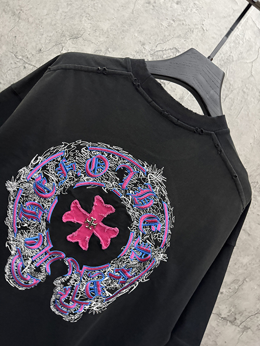 クロムハーツコピー アメリカンスタイルのウォッシュカラーブロックアップリケ刺繍半袖Tシャツ
