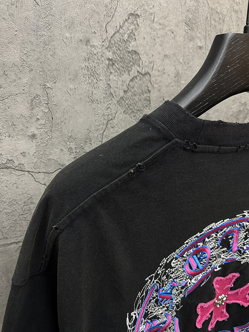 クロムハーツコピー アメリカンスタイルのウォッシュカラーブロックアップリケ刺繍半袖Tシャツ