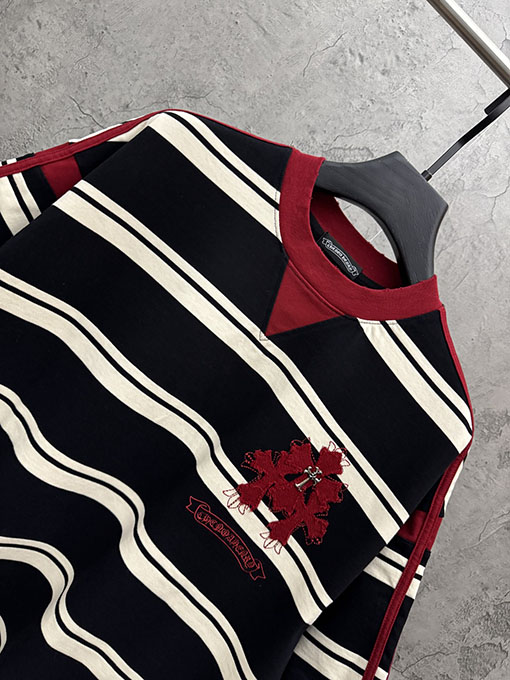 クロムハーツ 新しいアメリカンスタイルのストライプアップリケ刺繍カップル半袖Tシャツ