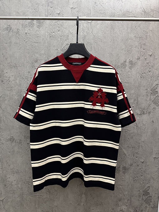 クロムハーツ 新しいアメリカンスタイルのストライプアップリケ刺繍カップル半袖Tシャツ