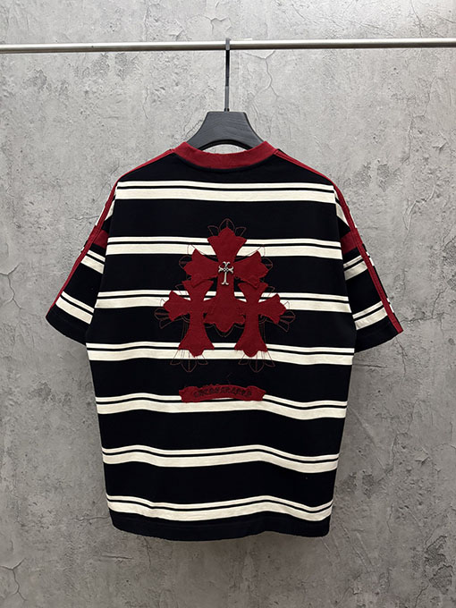 クロムハーツ 新しいアメリカンスタイルのストライプアップリケ刺繍カップル半袖Tシャツ