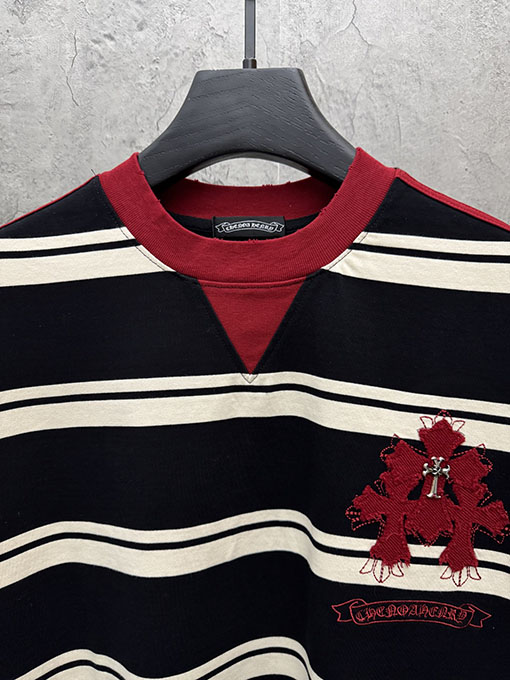 クロムハーツ 新しいアメリカンスタイルのストライプアップリケ刺繍カップル半袖Tシャツ