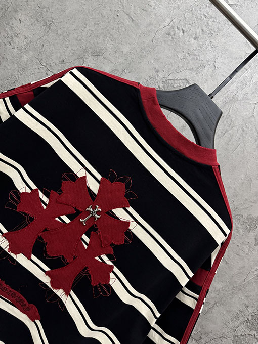 クロムハーツ 新しいアメリカンスタイルのストライプアップリケ刺繍カップル半袖Tシャツ