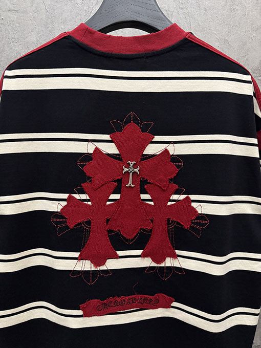 クロムハーツ 新しいアメリカンスタイルのストライプアップリケ刺繍カップル半袖Tシャツ