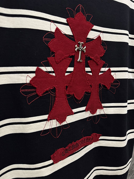 クロムハーツ 新しいアメリカンスタイルのストライプアップリケ刺繍カップル半袖Tシャツ