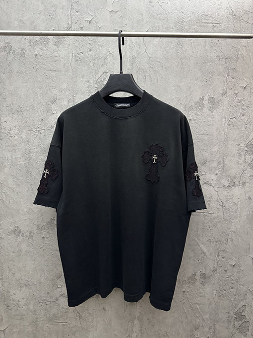 クロムハーツ 新モデルメタルクロスアメリカンウォッシュアップリケ刺繍半袖Tシャツ
