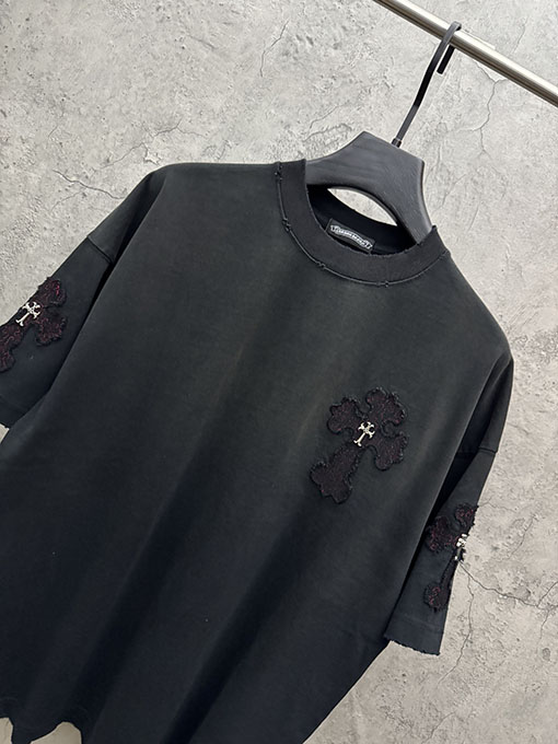 クロムハーツ 新モデルメタルクロスアメリカンウォッシュアップリケ刺繍半袖Tシャツ