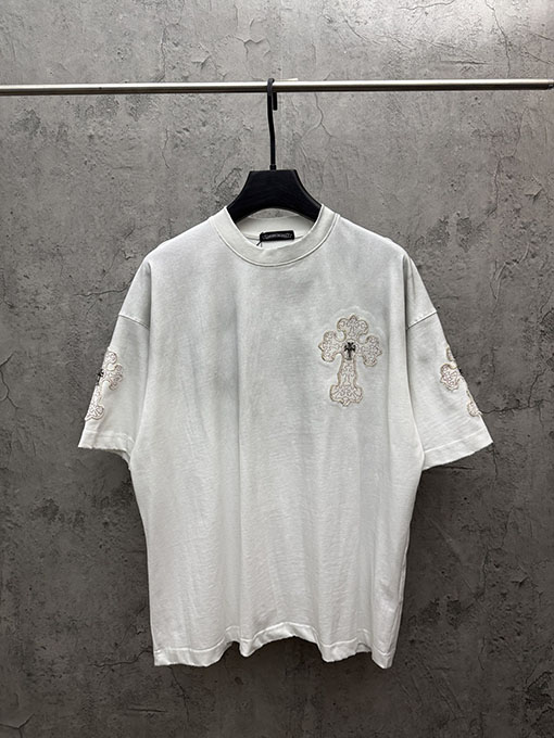 クロムハーツ 新モデルメタルクロスアメリカンウォッシュアップリケ刺繍半袖Tシャツ