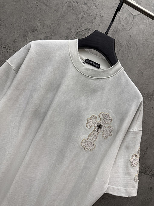 クロムハーツ 新モデルメタルクロスアメリカンウォッシュアップリケ刺繍半袖Tシャツ