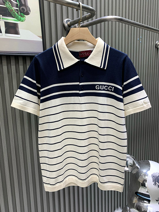 グッチコピー GUCCI 新作ストライプカラーブロックニット半袖襟付きポロシャツ