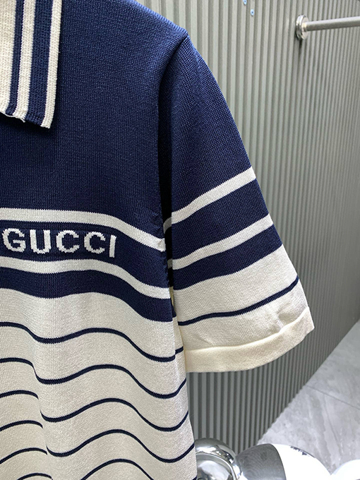 グッチコピー GUCCI 新作ストライプカラーブロックニット半袖襟付きポロシャツ