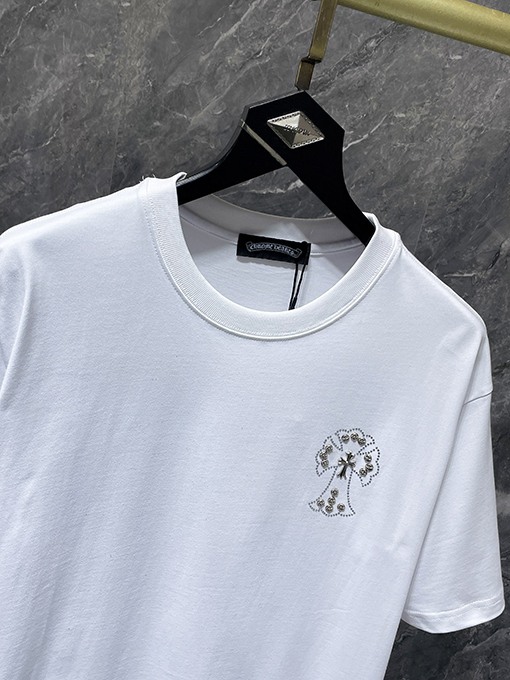 クロムハーツ ホットフィックスラインストーンクロスハンドメイドスタッド半袖Tシャツ