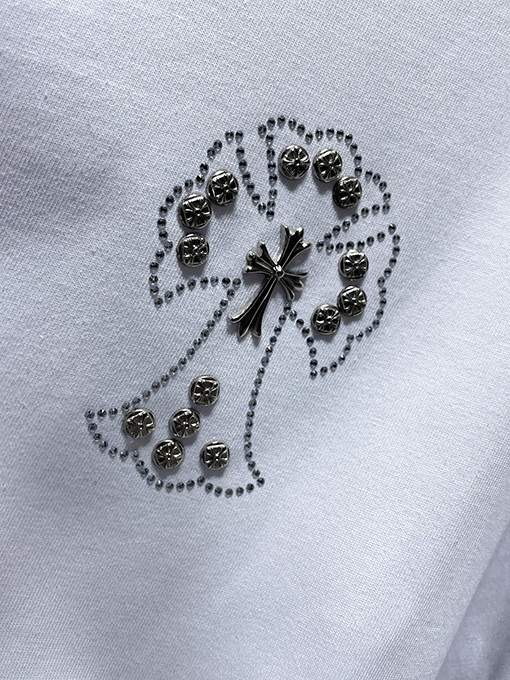 クロムハーツ ホットフィックスラインストーンクロスハンドメイドスタッド半袖Tシャツ