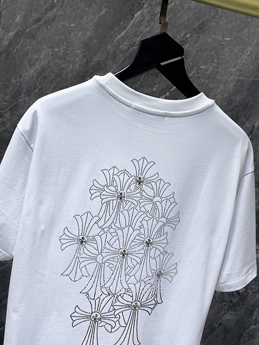 クロムハーツ ホットフィックスラインストーンクロスハンドメイドスタッド半袖Tシャツ