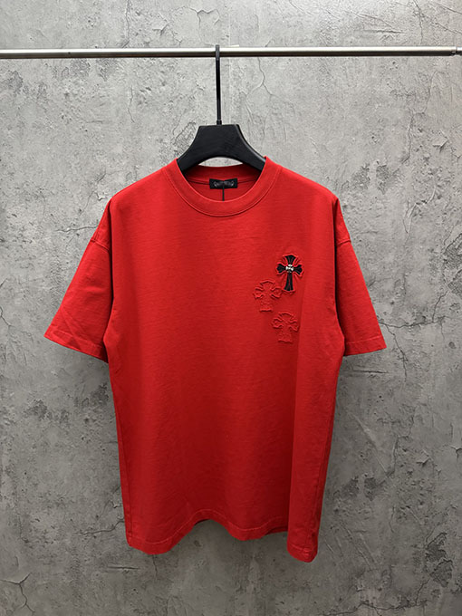 クロムハーツコピー アメリカンスタイルのレーザーバーンアウトアップリケ刺繍半袖Tシャツ