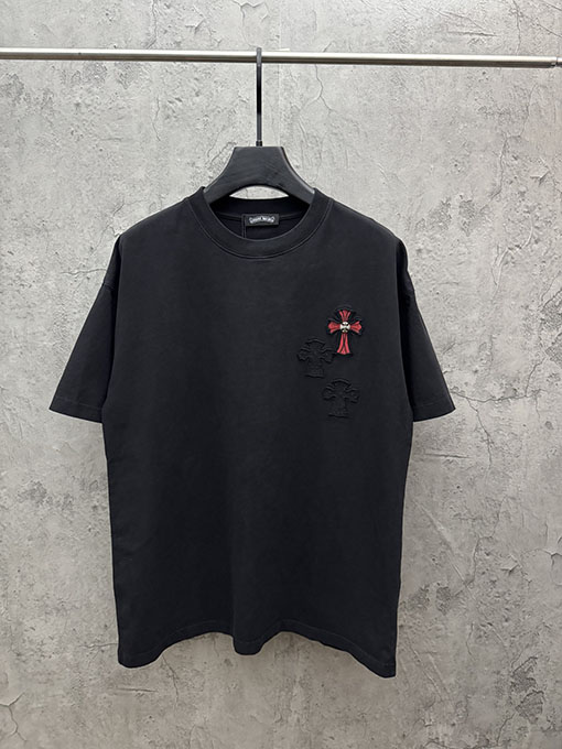 クロムハーツコピー アメリカンスタイルのレーザーバーンアウトアップリケ刺繍半袖Tシャツ