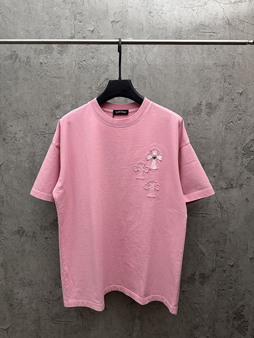 クロムハーツコピー アメリカンスタイルのレーザーバーンアウトアップリケ刺繍半袖Tシャツ