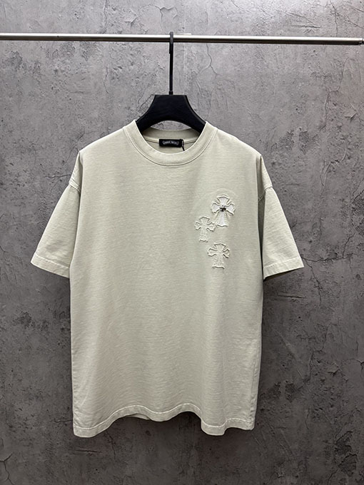クロムハーツコピー アメリカンスタイルのレーザーバーンアウトアップリケ刺繍半袖Tシャツ