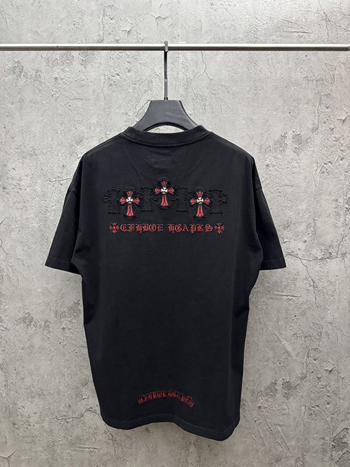 クロムハーツコピー アメリカンスタイルのレーザーバーンアウトアップリケ刺繍半袖Tシャツ