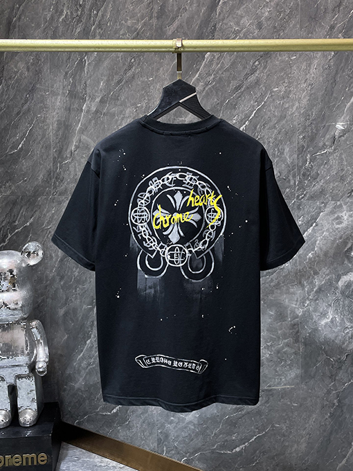 クロムハーツコピー 馬蹄の手描きインクスプラッター半袖Tシャツ