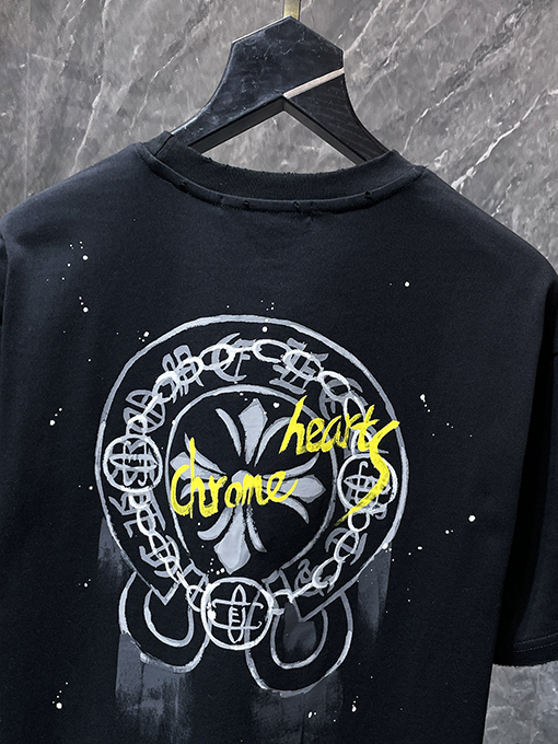クロムハーツコピー 馬蹄の手描きインクスプラッター半袖Tシャツ