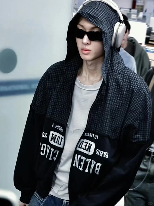 バレンシアガ BALENCIAGA チェック柄パッチワークのダメージフード付きスウェットシャツジャケット