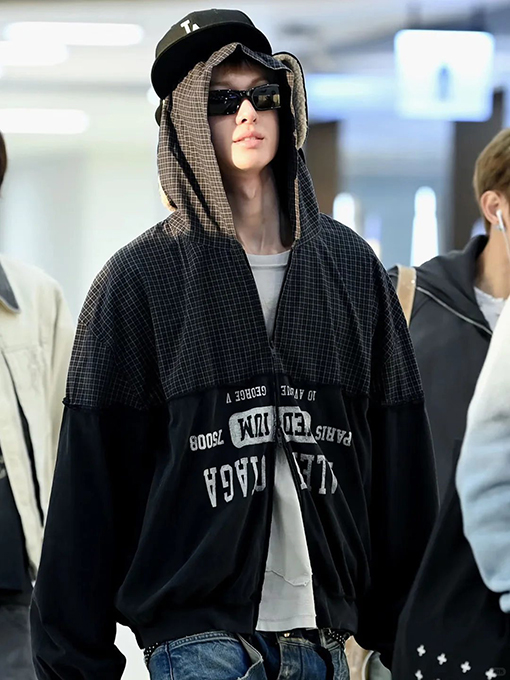 バレンシアガ BALENCIAGA チェック柄パッチワークのダメージフード付きスウェットシャツジャケット