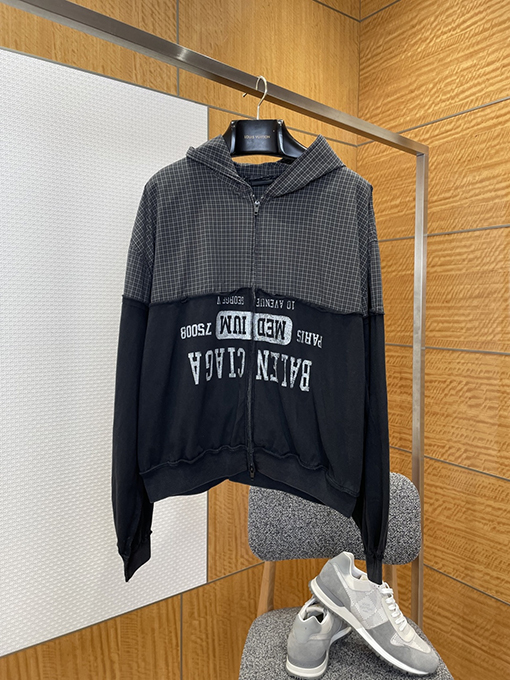 バレンシアガ BALENCIAGA チェック柄パッチワークのダメージフード付きスウェットシャツジャケット