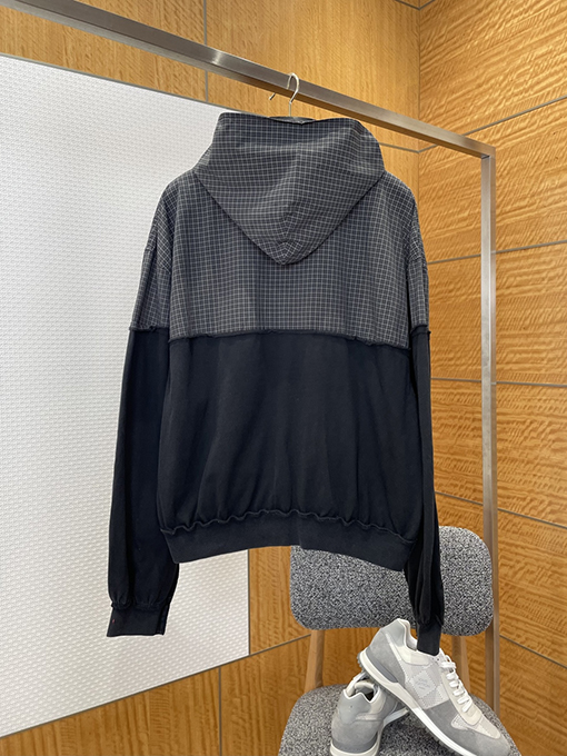 バレンシアガ BALENCIAGA チェック柄パッチワークのダメージフード付きスウェットシャツジャケット