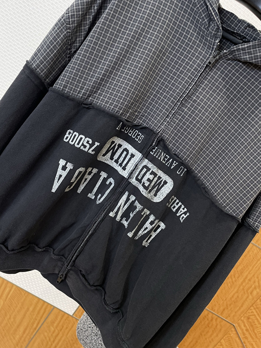 バレンシアガ BALENCIAGA チェック柄パッチワークのダメージフード付きスウェットシャツジャケット