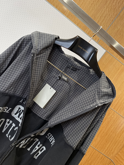 バレンシアガ BALENCIAGA チェック柄パッチワークのダメージフード付きスウェットシャツジャケット
